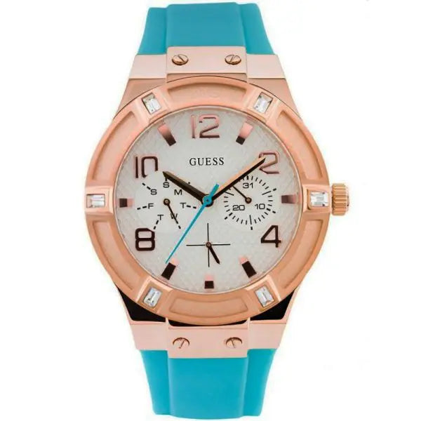 Guess Women’s Quartz Sky Blue Silicon Strap White Dial 36mm Watch W0564L3