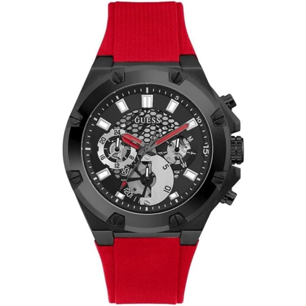 Guess Men’s Quartz Red Silicone Strap Black Dial 46mm Watch GW0334G4