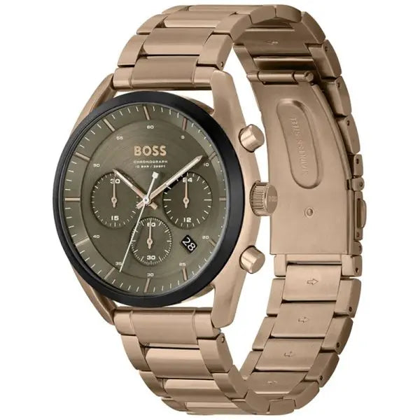 Hugo Boss Men’s Chronograph Quartz Beige Stainless Steel Olive Green Dial 44mm Watch 1514094
