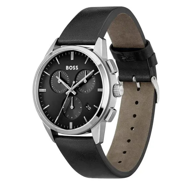 Hugo Boss Men’s Chronograph Quartz Black Leather Strap Black Dial 43mm Watch 1513925