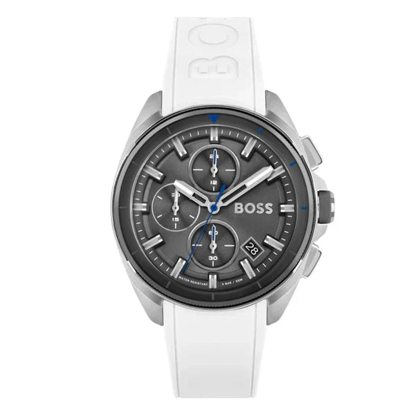 Hugo Boss Men’s Quartz White Silicone Strap Grey Dial 44mm Watch 1513948