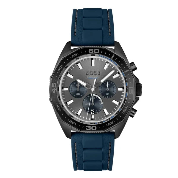 Hugo Boss Men’s Quartz Blue Silicone Strap Grey Dial 44mm Watch 1513972