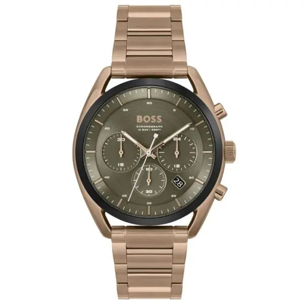 Hugo Boss Men’s Chronograph Quartz Beige Stainless Steel Olive Green Dial 44mm Watch 1514094