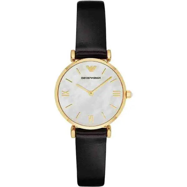 Emporio Armani Women’s Quartz Black Leather Strap Mother of Pearl Dial 32mm Watch AR1910