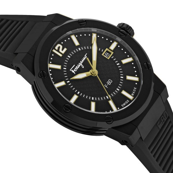 Ferragamo Men’s Swiss Made Quartz Black Silicone Strap Black Dial 44mm Watch SFHY01622