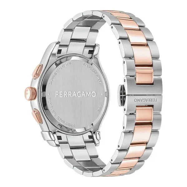 Ferragamo Men’s Swiss Made Quartz Two Tone Stainless Steel Silver Sunray Dial 42mm Watch SFKZ00623