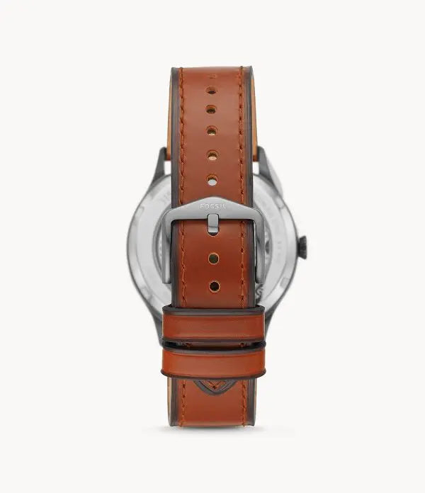 Fossil Men’s Automatic Brown Leather Strap Blue Skeleton Dial 42mm Watch ME3179