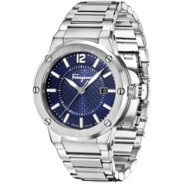 Ferragamo Men’s Swiss Made Quartz Silver Stainless Steel Blue Dial 44mm Watch SFHY02923