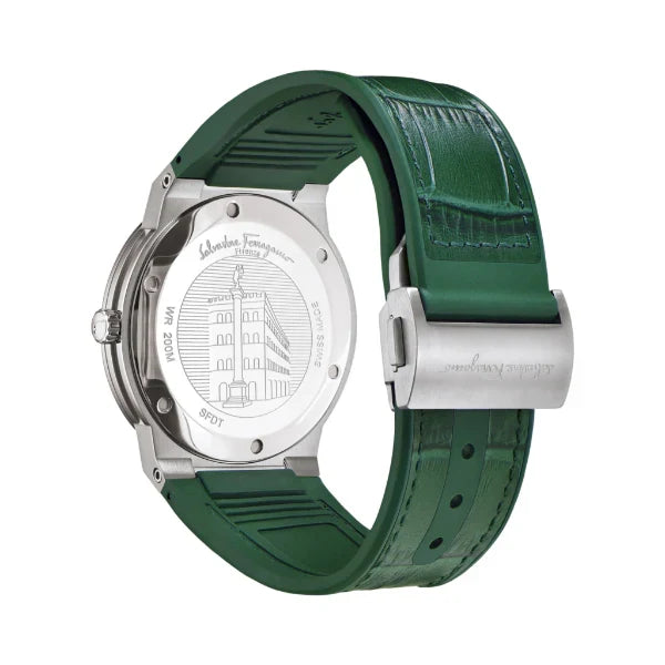 Ferragamo Men’s Swiss Made Quartz Green Hybrid Strap Green Dial 42mm Watch SFDT00519