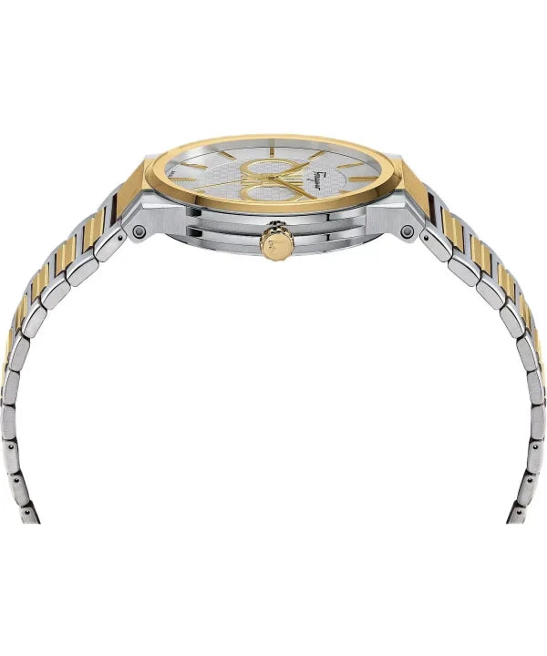 Ferragamo Swiss Made Quartz Two Tone Stainless Steel Silver Dial 41mm Watch SFHP520