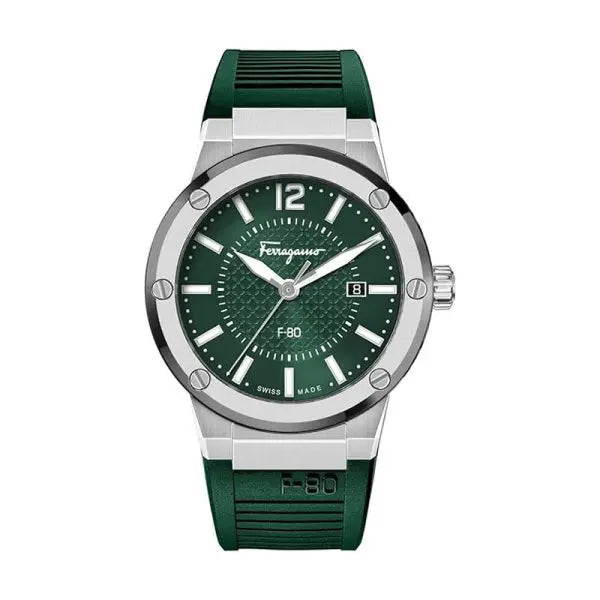 Ferragamo Men’s Swiss Made Quartz Green Silicone Strap Green Dial 44mm Watch SFHY02722