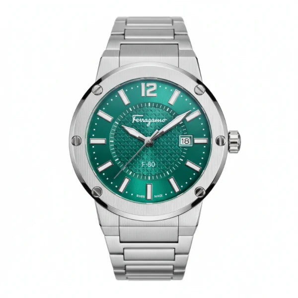 Ferragamo Men’s Swiss Made Quartz Silver Stainless Steel Green Dial 44mm Watch SFHY02924