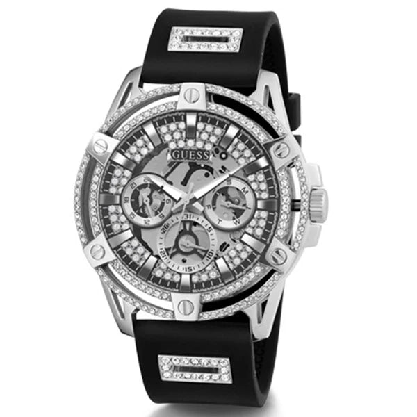 Guess Men’s Quartz Black Silicone Strap Silver Dial 48mm Watch GW0537G1