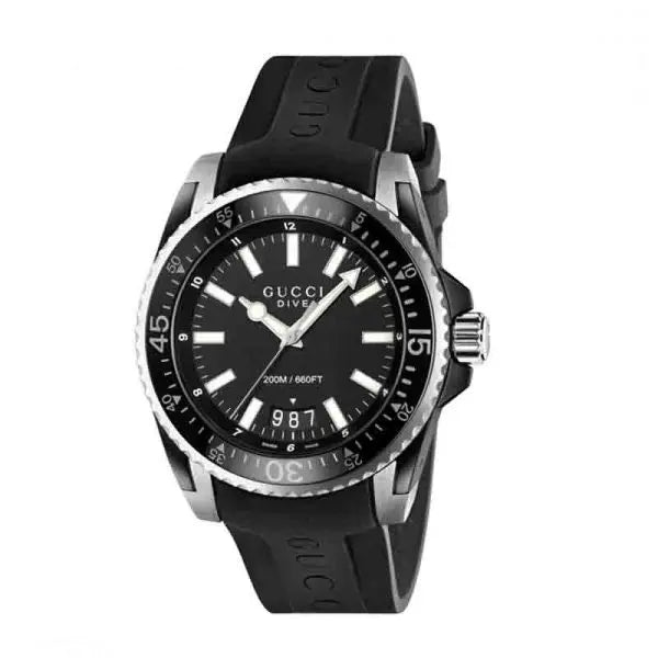 Gucci Men’s Swiss Made Quartz Black Silicone Strap Black Dial 45mm Watch YA136204