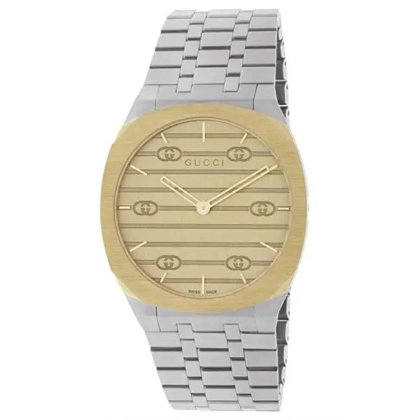 Gucci Women’s Swiss Made Quartz Silver Stainless Steel Gold Dial 34mm Watch YA163403