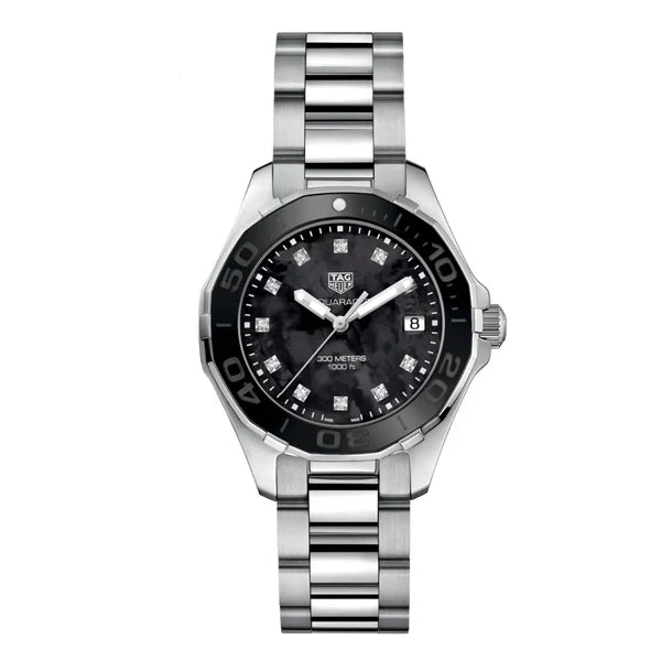 Tag Heuer Aquaracer Women’s Quartz Swiss Made Silver Stainless Steel Black Mother Of Pearl Dial 35mm Watch WAY131M.BA0748