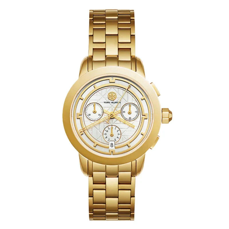 Tory Burch Classic T Gold Stainless Steel Silver sunray Dial Chronograph Quartz Watch for Ladies - TBW1032
